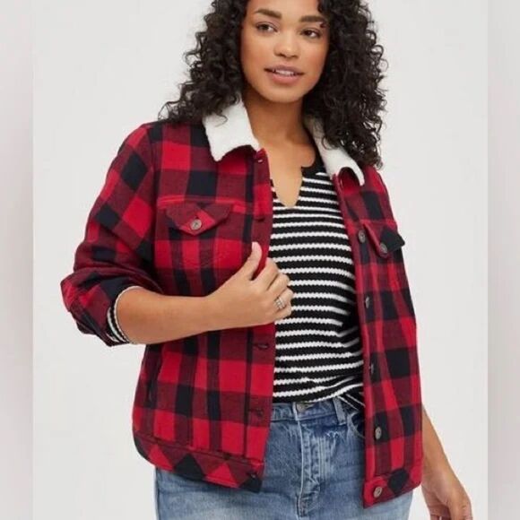 Torrid Buffalo Plaid Sherpa Collar Trucker Jacket Plus Sz 3 - Picture 1 of 7